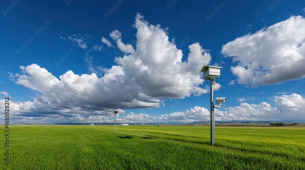 Obraz premium Two weather stations are standing in a field with a cloudy sky