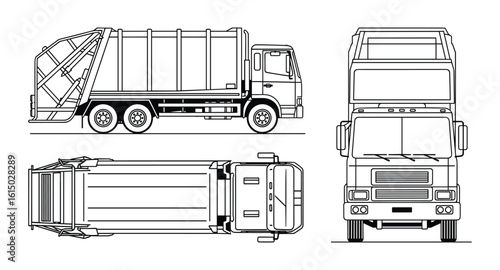 Detailed vector illustration showcasing a garbage truck from multiple perspectives.