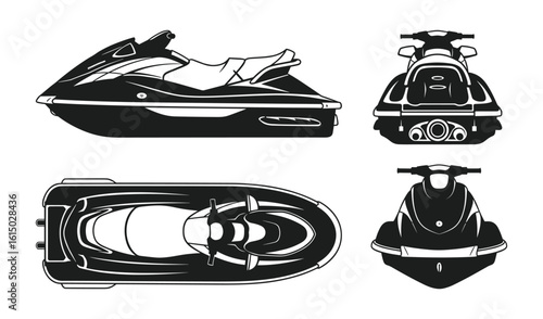 Detailed black and white vector illustration of a personal watercraft, different views