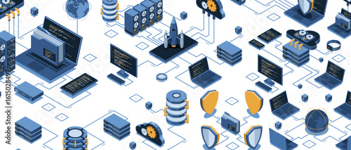 Isometric data network management. Cloud storage data and synchronization of devices. Networking, database, cloud storage. Isometric technology