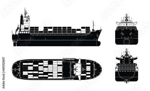 Detailed Vector Illustration of a Container Ship, Side, Front and Top Views.