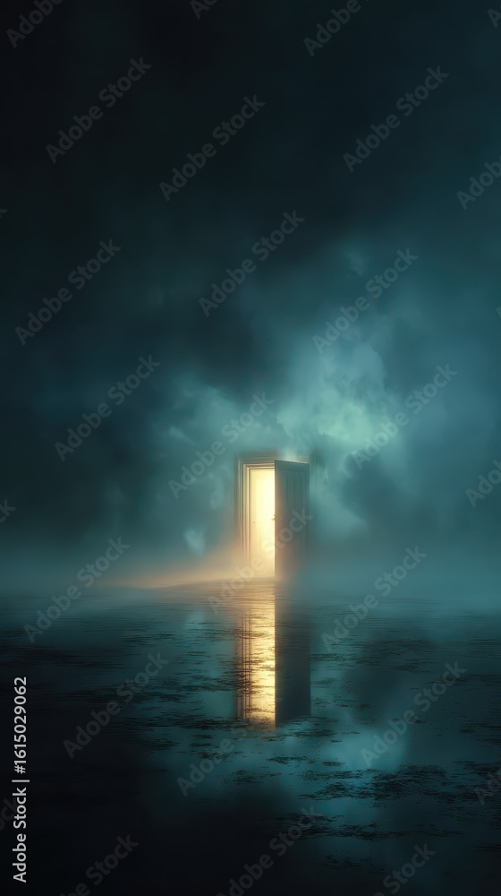 Obraz premium Doorway with bright light shining through, reflecting on dark ground, surrounded by fog