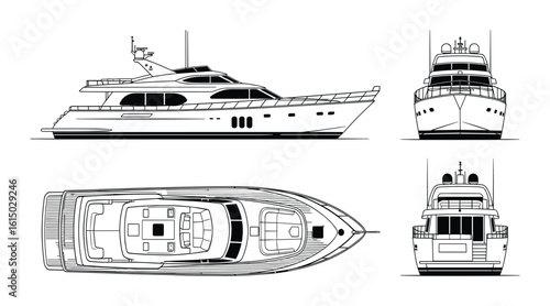 Detailed Architectural Blueprint of a Luxury Motor Yacht in Various Views, Nautical Design