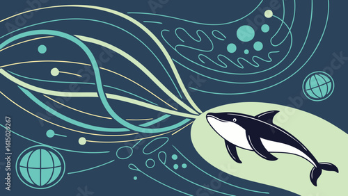 Illustration of a killer whale with flowing lines and globe shapes on a dark blue background design style