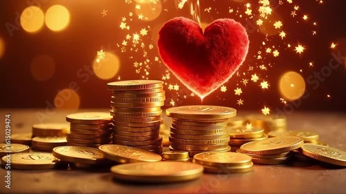 A red heart resting on stacks of gold coins with a bokeh background in a warm light setting