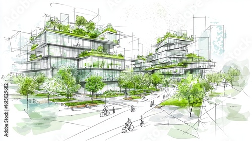 A visionary architectural rendering depicting a futuristic sustainable urban landscape with modern high rise buildings seamlessly integrated with lush greenery parks