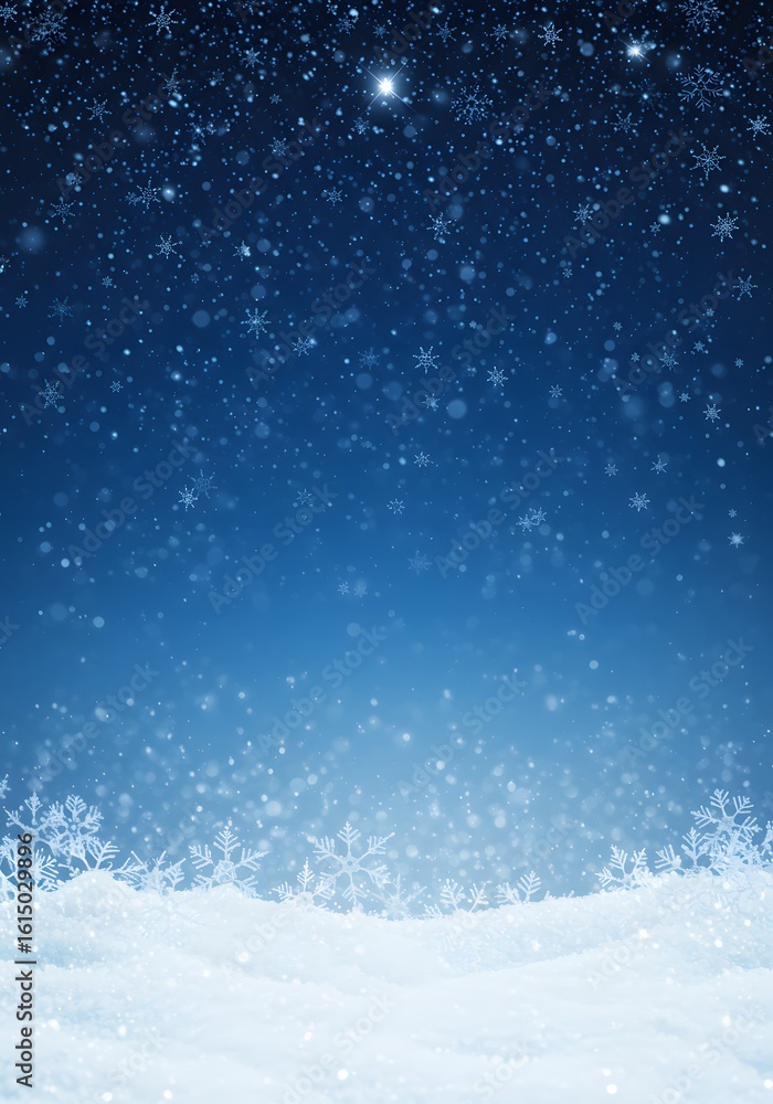 Obraz premium A winter-themed background with a deep blue gradient, wallpaper, Blue winter background with snow and snowflakes. digital art, scattering of white snowflakes and small sparkles at the top,