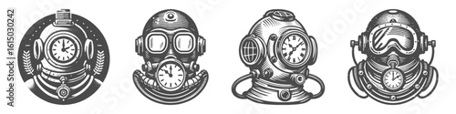 Vintage Hand-Drawn Diving Helmet Timer Collection Illustration, Nautical Instrument Engraved Style Vector for T-Shirts and Deep Sea Explorer Themes Design