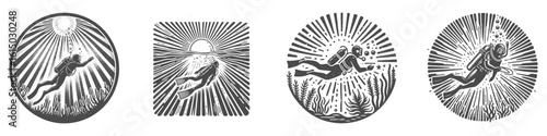Vintage Hand-Drawn Diving and Shine Sun Collection Illustration, Ocean Light Engraved Style Vector for T-Shirts and Underwater Exploration Themes Design