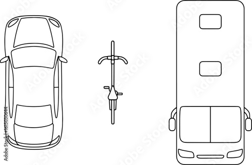 Top View Transport Symbols – Car, Bicycle, and Bus Outline Icon Set for Architectural Floor Plans