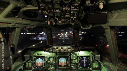Detailed aviation cockpit view at night high tech instruments