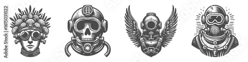 Vintage Hand-Drawn Diver Have Wings Collection Illustration, Fantasy Marine Engraved Style Vector for T-Shirts and Mythical Ocean Themes Design