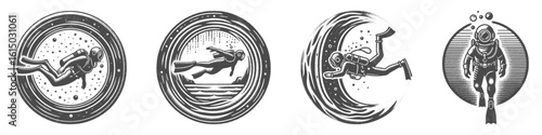 Vintage Hand-Drawn Diver Collection Illustration, Underwater Explorer Engraved Style Vector for T-Shirts and Ocean Adventure Themes Design