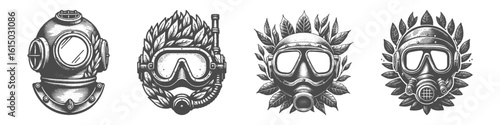 Vintage Hand-Drawn Nature Diving Helmet with Leaves Collection Illustration, Eco Marine Engraved Style Vector for T-Shirts and Ocean Conservation Themes Design