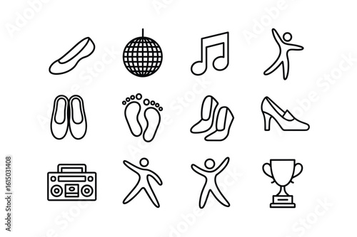 Line art icons of dance shoes music notes disco ball and trophy ballet slippers high heel