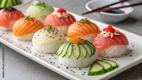 Colorful Temari Sushi Balls Arranged on a Ceramic Plate