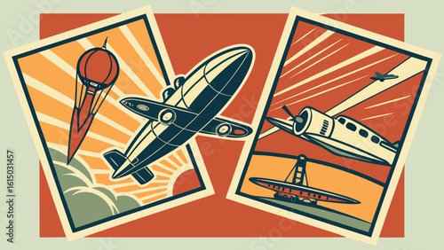Vintage aviation posters featuring airships biplanes and hang gliders against retro sunburst backgrounds