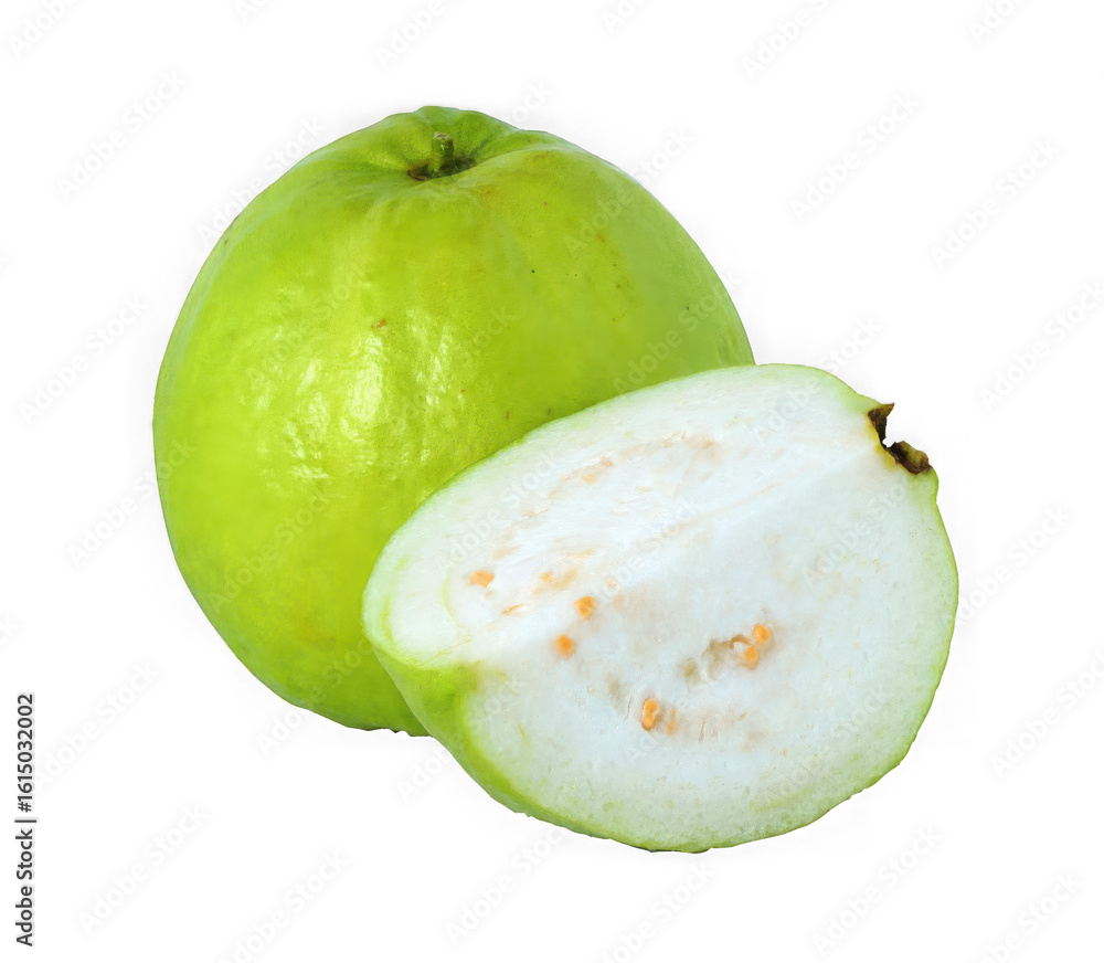 Fresh ripe green guava fruit whole and halved showing white pulp and seeds isolated on transparent background Fresh ripe green guava fruit whole and halved showing white pulp and seeds isolated on transparent background