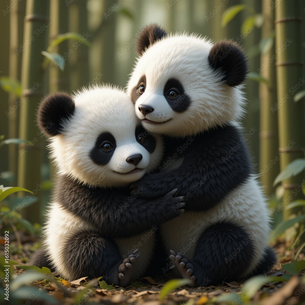 Fototapeta premium giant pandas eating bamboo in forest enjoying company 