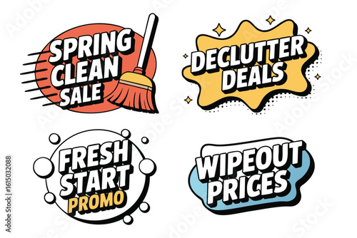 Four Comic-Style Sale Promotion Badges: Spring Clean, Declutter Deals, Fresh Start, Wipeout Prices