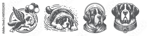 Vintage Hand-Drawn Saint Bernard Has Wings Collection Illustration, Fantasy Dog Character Engraved Style Vector for T-Shirts and Whimsical Themes Design