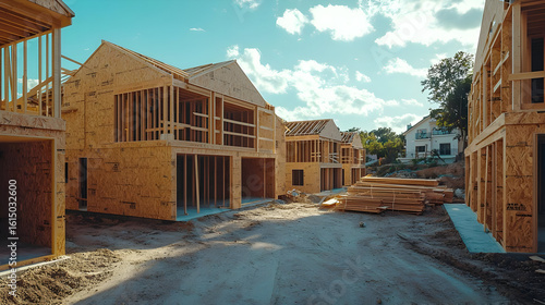 Multiple new homes under construction, wooden frames, and surrounding site work.  Interior wooden structure, exterior panels, various stages of construction, building site, sunny day