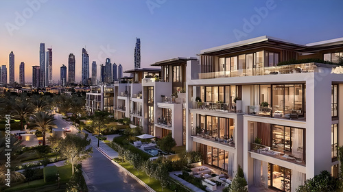 Modern luxury villas with extensive landscaping, overlooking a city skyline.  A quiet street leads to the villas, with multiple floors and balconies.  Outdoor patio spaces and pools are featured