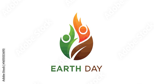 Earth Day logo featuring stylized figures and leaves in green, orange, and brown, symbolizing nature and people.