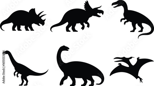 Six black dinosaur silhouettes on a white background