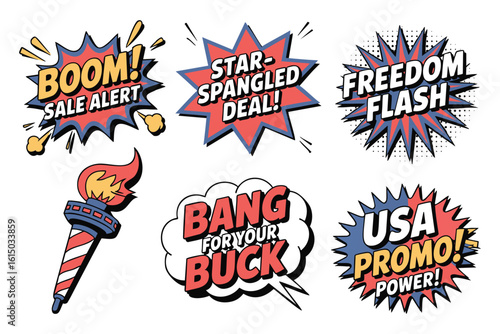 Patriotic Comic Book Speech Bubbles and Torch Graphic Set