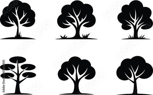 Six black tree silhouettes on a white background nature