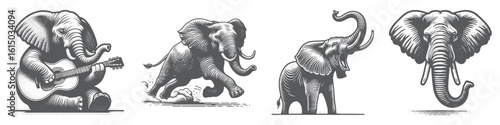 Vintage Hand-Drawn Elephant Playing Guitar Collection Illustration, Musical Animal Scene Engraved Style Vector for T-Shirts and Creative Themes Design