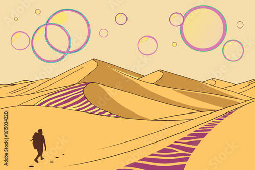 A lone traveler walks across a desert landscape under a sky filled with floating colorful bubbles