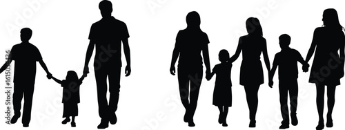 Silhouette of diverse families walking together, parents and children holding hands, strong family bond, unity, parenting love, peaceful outdoor moment