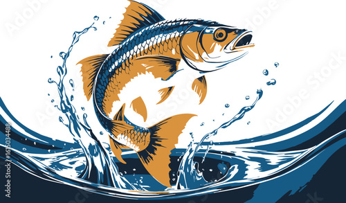 Jumping Fish in Water Splash with Blue and Orange Colors