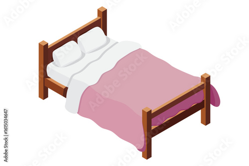 Isometric wooden bed with mattress. 3D isometric bed. Wooden bed frame with mattress, pillow, and blanket. Isometric bedroom furniture
