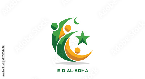 Abstract logo design for Eid al-Adha, featuring stylized crescent moon, star, and figures.