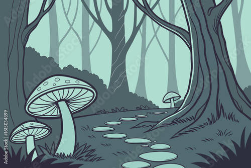 Illustration of a forest scene with mushrooms and a stone path leading through the trees and foliage area