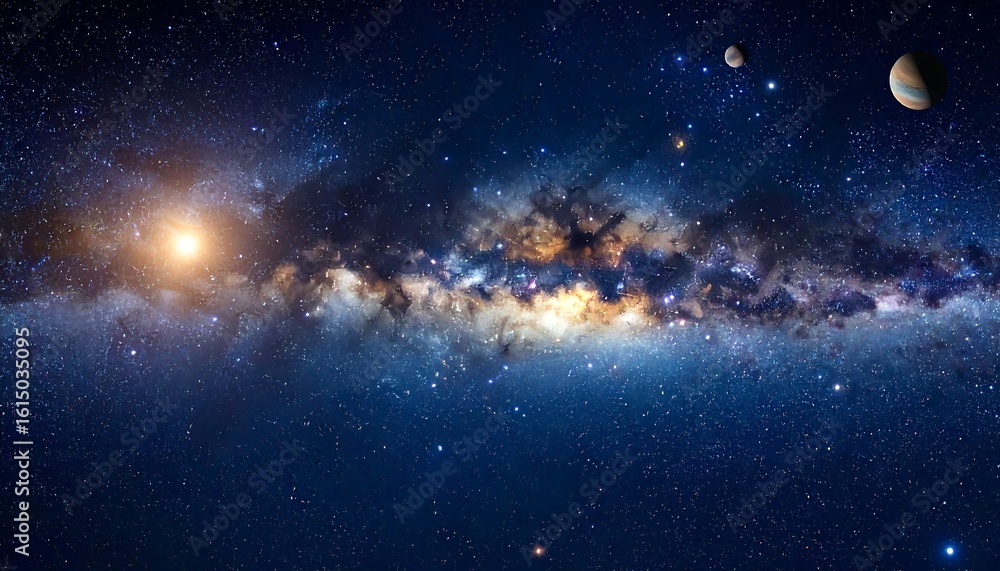 Fototapeta premium Panoramic view of the Milky Way galaxy, showcasing vibrant nebulae, stars, and distant planets