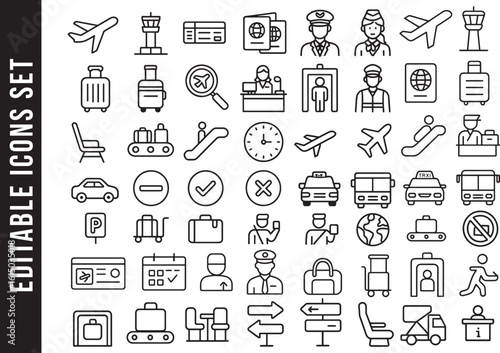An Editable Set of Black and White Line Art Icons for Airports and Air Travel