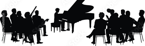 Silhouette of pianist performing on grand piano with audience and orchestra, classical music concert scene, artistic performance, music event