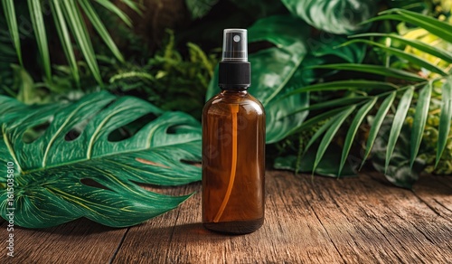 Clear amber glass spray bottle with black sprayer on old wooden table surrounded by lush tropical leaves, natural organic atmosphere for beauty product packaging design and branding mockups