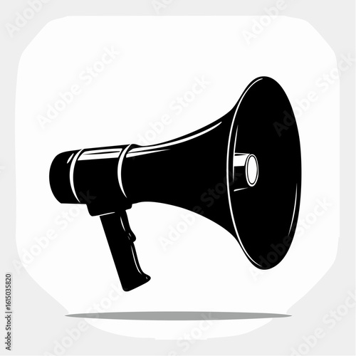 A black silhouette of a megaphone symbolizing public announcement, in bold vector style
