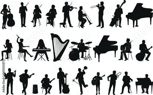Silhouettes of musicians playing classical and modern instruments, band and orchestra performers in concert, music performance and instrument collection