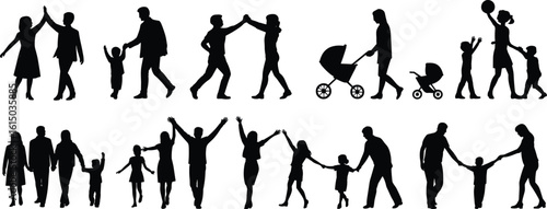 Silhouettes of happy families walking, playing, parenting with children, family bonding, outdoor lifestyle, childhood moments, parental love and care