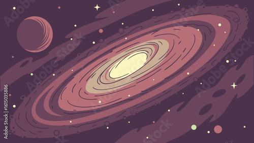 Illustration of a spiral galaxy with a planet and stars against a dark purple space background art work