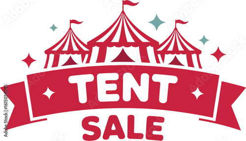 A promotional graphic for a tent sale featuring stylized tents and a red banner with text on white
