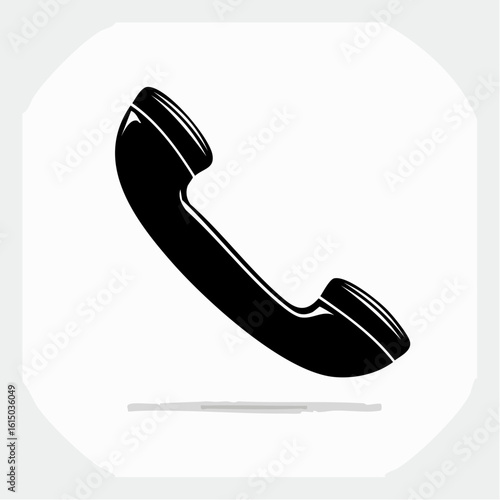 A black silhouette of a classic telephone handset tilted slightly, minimal flat icon style