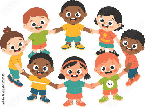 Diverse Group Of Happy Children Holding Hands In Circle