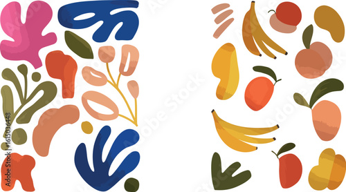 Two framed art prints featuring abstract shapes and fruit hanging on a white wall with shadows